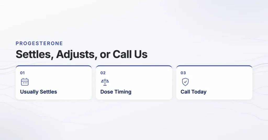 Progesterone. Settles, Adjusts, or Call Us. Usually Settles, Dose Timing, Call Today